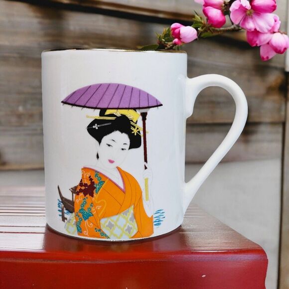 Japanese Geisha Girl Tea Cup Ceramic Painted Design Coffee Mug Gold Trim Orange - Picture 7 of 13
